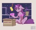 amethyst_star_(mlp) araivis-edelveys english_text equid equine featureless_crotch female feral friendship_is_magic fur hair half-closed_eyes hasbro horn levitating_object mammal my_little_pony mythological_creature mythological_equine mythology narrowed_eyes notebook pen_(object) pencil_(object) purple_body purple_eyes purple_fur purple_hair soap solo text unicorn unicorn_horn