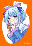  1girl :i animal_ears blue_hair blue_jacket blue_ribbon candy carrot_hair_ornament closed_mouth collar collarbone commentary_request dress food food-themed_hair_ornament fur-trimmed_sleeves fur_trim hair_ornament hair_ribbon hand_up highres holding holding_candy holding_food holding_lollipop hololive jacket kiritoma lollipop long_sleeves orange_background rabbit_ears red_eyes ribbon short_eyebrows signature solo thick_eyebrows two_side_up upper_body usada_pekora usada_pekora_(casual) v v_over_mouth virtual_youtuber wavy_mouth white_collar white_dress 