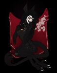 anthro beak black_background black_beak black_body black_fur black_hair breasts eyelashes female female_anthro fur grey_body grey_fur hair hi_res jewelry long_hair necklace nipples nude open_mouth red_sclera riorix simple_background solo species_request tongue tongue_out yellow_eyes
