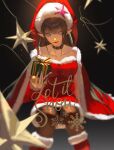  1girl absurdres alternate_costume aotu_world bare_shoulders black_background black_choker black_hair blue_eyes blurry blurry_foreground boots box breasts brown_hair brown_pantyhose candy cape chinese_commentary choker christmas christmas_ornaments collarbone depth_of_field dress english_text fangs feet_out_of_frame food fur-trimmed_boots fur-trimmed_cape fur-trimmed_dress fur_trim gift gift_box hat hat_ornament highres holding holding_box holding_candy holding_food holding_gift invisible_chair kaili_(aotu_world) knee_boots light_particles long_hair looking_at_viewer medium_breasts merry_christmas open_mouth pantyhose pointy_ears red_boots red_cape red_dress red_hat santa_costume santa_dress santa_hat sitting smile snowflakes solo star_(symbol) star_hat_ornament strapless strapless_dress very_long_hair watermark waterrice11 