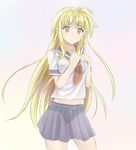  black_bra black_panties blonde_hair bra fate_testarossa long_hair lyrical_nanoha mahou_shoujo_lyrical_nanoha_strikers midriff navel panties pleated_skirt red_eyes school_uniform see-through short_sleeves skirt solo sonyntendo tears underwear white_background 