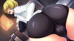  16:9 1girl ass bent_over black_eyes blonde_hair blush breasts butcha-u earrings erect_nipples eroquis from_behind game_cg huge_ass huge_breasts ichijou_shizuka jewelry jutaijima labcoat legs lipstick looking_back makeup pose posing short_hair skin_tight smile thighs 