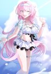  1girl absurdres bikini bikini_skirt blue_eyes blue_sky breasts elf elysia_(honkai_impact) elysia_(miss_pink_elf)_(honkai_impact) elysia_(summer_miss_elf)_(honkai_impact) hairband highres honkai_(series) honkai_impact_3rd large_breasts long_hair midriff official_alternate_costume outdoors pink_hair pointy_ears s9897907160915 sky solo swimsuit thigh_strap very_long_hair white_bikini white_hairband 