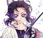  1girl absurdres anger_vein black_hair blood demon_slayer_uniform gradient_hair haori highres jacket japanese_clothes kimetsu_no_yaiba kochou_shinobu kuze_0131 long_sleeves multicolored_hair no_pupils nosebleed purple_eyes purple_hair purple_jacket solo sword upper_body v-shaped_eyebrows weapon white_background white_haori 