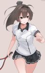  1girl akizuki_(kancolle) alternate_costume ball black_eyes black_hair black_headband black_skirt cowboy_shot grey_background headband highres holding holding_racket holding_tennis_racket kantai_collection long_hair miron_(mirona33) pleated_skirt polo_shirt ponytail racket shirt simple_background skirt solo sportswear tennis_ball tennis_racket tennis_uniform two-tone_shirt white_shirt 