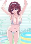  1girl arms_up bikini breasts collarbone commentary_request feet_out_of_frame grey_bikini hairband hands_out_of_frame highres kurara-chan_(suzutsuki_kurara) large_breasts looking_at_viewer medium_hair navel open_mouth original pink_eyes red_hair solo striped_bikini striped_clothes suzutsuki_kurara swimsuit wading_pool white_hairband 