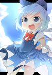 akisha bad_id bad_pixiv_id blue_eyes blue_hair blush bow cirno dress fang hair_bow ice ice_wings open_mouth short_hair smile solo touhou wings 