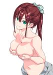  1girl breasts brown_hair chinatsu_(suzutsuki_kurara) cleavage collarbone commentary_request covering_nipples covering_privates green_eyes hair_ornament hair_ribbon hairclip highres large_breasts long_hair looking_at_viewer navel original ponytail ribbon sidelocks simple_background smile solo suzutsuki_kurara topless_female upper_body white_background 