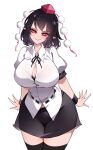  1girl :&gt; arms_at_sides black_hair black_thighhighs black_wrist_cuffs bra_visible_through_clothes breasts cowboy_shot hat highres large_breasts medium_hair miniskirt partially_unbuttoned pointy_ears pom_pom_(clothes) puffy_short_sleeves puffy_sleeves raptor7 red_eyes red_hat shameimaru_aya short_sleeves skirt solo tengu thighhighs tokin_hat touhou white_background wings wrist_cuffs 