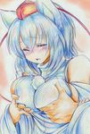  absurdres animal_ears bare_shoulders blush breasts closed_eyes colored_pencil_(medium) detached_sleeves grabbing hat highres inubashiri_momiji kitazinger large_breasts nose_blush open_mouth short_hair sideboob solo tokin_hat touhou traditional_media white_hair wolf_ears 