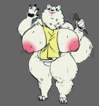  absurd_res animal_humanoid anthro apron apron_only big_breasts bigbun_3 breasts bun-e canid canid_humanoid canine canine_humanoid clothing cutlery female gesture hi_res huge_breasts humanoid ineffective_clothing kitchen_utensils mammal mammal_humanoid mostly_nude nails neck_tuft nipples open_mouth pawpads solo spoon tail tools tuft waving white_body wooden_spoon 