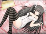  bed black_hair blush cleavage kazenokaze long_hair mayo_chiki! red_eyes suzutsuki_kanade tagme thighhighs 