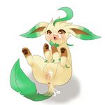  ??? asage brown_eyes cum cum_on_face eeveelution female hindpaw leafeon nintendo pawpads paws plain_background pok&#233;mon pok&eacute;mon pussy solo tears video_games white_background 