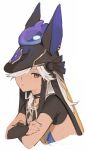  1boy animal_hat black_choker black_hat choker closed_mouth cropped_torso crossed_arms cyno_(genshin_impact) dark-skinned_male dark_skin genshin_impact hair_between_eyes hat highres kaawaisann long_hair looking_at_viewer male_focus on_head red_eyes seelie_(genshin_impact) short_sleeves simple_background upper_body white_hair 