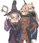  3girls addendium ahoge armor arrow_(projectile) arrow_in_body black_hat blonde_hair bow_(weapon) breasts carrying cleavage cosplay dooby_(vtuber) dress elden_ring elden_ring_nightreign executor_(elden_ring) green_eyes hat highres indie_virtual_youtuber ironeye_(elden_ring) large_hat long_hair multicolored_hair multiple_girls nimi_nightmare piggyback recluse_(elden_ring) recluse_(elden_ring)_(cosplay) sameko_saba short_hair staff tail virtual_youtuber weapon white_background witch_hat 