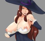  bare_shoulders breasts brown_eyes brown_hair cleavage collarbone dragon's_crown dress dress_pull grey_background hat huge_breasts lips long_hair ml nail_polish nipples simple_background solo sorceress_(dragon's_crown) strapless strapless_dress witch_hat 