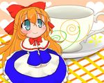  apron bad_id bad_pixiv_id blue_eyes blush bow capelet cup dress hair_bow heart long_hair looking_up o_omune_(kagu8) orange_hair pink_background saucer shanghai_doll sleeves_past_wrists smile solo tablecloth teacup touhou v_arms waist_apron 