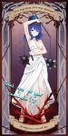  akatsuki_records bare_shoulders blue_eyes blue_hair bnelsey card chain choker commission dress earth_(ornament) english_text flail gold_sandals hecatia_lapislazuli hecatia_lapislazuli_(earth) holding_flail looking_at_viewer sandals sleeveless smile spikes tarot tarot_card touhou weapon white_dress 