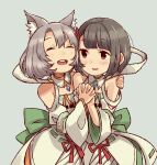  2girls agnus_female_off-seer_uniform animal_ears back_ribbon bare_shoulders blush bob_cut bow brown_eyes brown_hair cat_ears chest_jewel closed_eyes detached_collar detached_sleeves eushima_(sgr) flower_knot green_bow grey_hair holding_hands mio_(xenoblade) miyabi_(xenoblade) multiple_girls patterned short_hair shoulder_strap smile teeth upper_teeth_only xenoblade_chronicles_(series) xenoblade_chronicles_3 