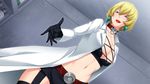  16:9 1girl belt blonde_hair breasts butcha-u cleavage earrings eroquis game_cg gloves hips ichijou_shizuka jewelry jutaijima labcoat large_breasts lipstick looking_at_viewer makeup midriff mole short_hair shorts smile solo standing 