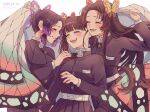  2025 3girls :d ^_^ absurdres belt belt_buckle black_hair black_jacket black_skirt buckle butterfly_hair_ornament closed_eyes dated demon_slayer_uniform gradient_hair grin hair_intakes hair_ornament highres jacket kimetsu_no_yaiba kochou_kanae kochou_shinobu kuze_0131 long_hair long_sleeves multicolored_hair multiple_girls pleated_skirt purple_hair short_hair_with_long_locks side_ponytail skirt smile standing tsuyuri_kanao twitter_username very_long_hair white_belt 