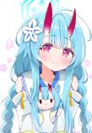  1girl bare_shoulders blue_archive blue_hair blue_halo blush braid character_doll chise_(blue_archive) closed_mouth demon_horns doll flower hair_flower hair_ornament halo horns red_eyes skin-covered_horns solo taichi twin_braids white_background 