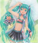  artist_name checkered chibi closed_eyes goodsmile_company goodsmile_racing green_eyes green_hair hatsune_miku long_hair mayo_riyo midriff navel open_mouth outstretched_arms race_queen racing_miku racing_miku_(2009) skirt spread_arms thighhighs traditional_media twintails umbrella very_long_hair vocaloid 