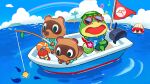  animal_crossing animal_crossing:_new_horizons beamed_eighth_notes beanie black_eyes blue_shirt blue_sky boat brown_fur brown_tail buttons cloud coconut coconut_cup commentary_request cumulonimbus_cloud day dock drinking_straw eighth_note engine fish fishing fishing_rod flag floral_print flower green_eyes green_shirt green_shorts green_sleeves hat hawaiian_shirt hibiscus hibiscus_print highres holding holding_fishing_rod horizon island kapp&#039;n_(animal_crossing) kappa lantern lapels leaf leg_over_thigh lifebuoy looking_down lying mountain_print musical_note nintendo nostrils notched_lapels ocean official_art on_back on_boat open_mouth outdoors outline palm_tree partially_submerged pascal_(animal_crossing) pink_flower print_shirt print_sleeves raccoon rainbow red-framed_eyewear red_fur ripples sea_otter second-party_source shirt short_sleeves shorts signing sky solid_circle_eyes sunglasses swim_ring tanuki timmy_(animal_crossing) tommy_(animal_crossing) traditional_youkai tree turtle water watercraft white_hat white_outline 