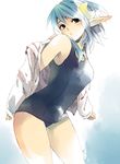 ahoge bad_id bad_pixiv_id blue_eyes blue_hair crescent crescent_hair_ornament hair_ornament hairclip hidaka_ryou highres one-piece_swimsuit pointy_ears rena_lanford school_swimsuit short_hair simple_background solo star_ocean star_ocean_the_second_story swimsuit white_background 