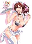  1girl apron bikini bikini_top_only blush breasts brown_hair chinatsu_(suzutsuki_kurara) choker commentary_request drop_shadow food green_eyes hair_ornament hairclip highres holding holding_tray ice_cream leg_up looking_at_viewer maid maid_bikini maid_day one_eye_closed open_mouth original parfait solo spoon suzutsuki_kurara swimsuit thighhighs tray unconventional_maid w_arms waist_apron waitress white_background white_thighhighs 