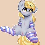  blonde_hair blush camelliachu camichuu derpy_hooves_(mlp) equine female feral friendship_is_magic fur grey_fur hair horse mammal my_little_pony pegasus plain_background pony pussy socks solo spread_legs spreading wings yellow_eyes 