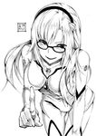  1girl crosshatching eudetenis glasses greyscale hand_on_knee hand_on_own_knee high_contrast highres leaning_forward lineart long_hair looking_at_viewer makinami_mari_illustrious monochrome neon_genesis_evangelion plugsuit signature smile solo white_background 
