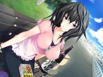  alcohol black_hair bottle breasts cloud day dutch_angle impossible_clothes impossible_shirt jewelry kawagishi_keitarou large_breasts long_hair looking_at_viewer maji_de_watashi_ni_koi_shinasai! maji_de_watashi_ni_koi_shinasai!_s musashibou_benkei necklace purple_eyes sake shirt sitting sky 