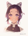  1girl absurdres black_jacket blush butterfly_hair_ornament cropped_torso demon_slayer_uniform grey_background grin hair_ornament haori highres jacket japanese_clothes kimetsu_no_yaiba kochou_shinobu kuze_0131 looking_at_viewer portrait purple_eyes purple_hair short_hair smile solo twitter_username white_haori 