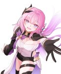  1girl absurdres black_gloves black_shorts blue_eyes breasts cleavage corset elysia_(honkai_impact) elysia_(miss_pink)_(honkai_impact) elysia_(miss_pink_elf)_(honkai_impact) gloves highres honkai_(series) honkai_impact_3rd large_breasts long_hair looking_at_viewer purple_eyes reaching reaching_towards_viewer s9897907160915 short_shorts shorts simple_background single_glove solo white_background white_corset 