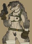  anthro belt black_nipples breasts canine ear_piercing female fierce_bad_rabbit gloves gun handgun hyena invalid_tag looking_at_viewer mammal navel necklace nipples piercing pistol plain_background pussy ranged_weapon solo spots vest weapon 