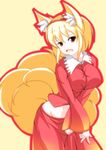  aki_shizuha aki_shizuha_(cosplay) animal_ears blonde_hair blush cosplay fox_ears fox_tail hairband leaf long_sleeves merry_(diameri) multiple_tails open_mouth short_hair skirt solo tail touhou yakumo_ran yellow_eyes 