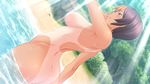  16:9 1girl ass back bath breasts butcha-u eroquis game_cg green_eyes huge_ass jutaijima multicolored_hair nude river serious short_hair sideboob solo standing sunlight sweat tan tanline toume_akira tree water 