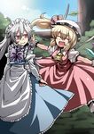  :d ^_^ ascot bow breasts closed_eyes dress fang flandre_scarlet hair_ribbon happy hat izayoi_sakuya long_hair maid maid_headdress medium_breasts multiple_girls older open_mouth outstretched_arms red_dress red_eyes ribbon side_ponytail silver_hair smile touhou tsuki_wani wings 