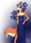 anthro blue_hair breasts canine carmelita_fox clothing dress ear_piercing female fox fur gown hair mammal piercing sly_cooper sly_cooper_(series) standing unknown_artist unknown_artist_signature video_games 
