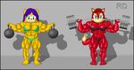  abs biceps bodybuilder breasts canine couple female fiona_fox fox invalid_tag looking_at_viewer mina_mongoose mongoose muscles muscular_female navel sega smile sonic_(series) unknown_artist weights 