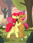  amber_eyes apple_bloom_(mlp) babs_seed_(mlp) blush bow collar cub duo equine female feral freckles friendship_is_magic green_eyes hair horse incest kissing leash lesbian mammal my_little_pony open_mouth outside pony pussy_juice red_hair saliva signature tongue tongue_out tree two_tone_hair young zajice 
