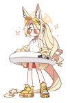  1girl absurdres animal_ear_fluff animal_ears blonde_hair blue_archive breasts closed_mouth extra_ears fox_ears fox_girl fox_tail full_body gabang halo highres innertube jacket long_hair official_alternate_costume one-piece_swimsuit open-toe_shoes orange-tinted_eyewear pink_eyes sandals seia_(blue_archive) seia_(swimsuit)_(blue_archive) shoes side_ponytail simple_background small_breasts solo standing sunglasses swim_ring swimsuit tail tinted_eyewear visor_cap white_background white_innertube white_one-piece_swimsuit white_shoes yellow_halo yellow_jacket 