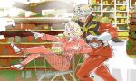 1boy 1girl absurdres blonde_hair blue_eyes brother_and_sister char_aznable chinese_commentary commentary_request gloves grocery_store gundam highres long_sleeves mask military_uniform mobile_suit_gundam open_mouth pointing sandals sayla_mass shopping_cart short_hair siblings smile socks white_socks xiaohuangyu02460 zeon 