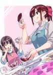  2girls :q apron blue_apron bowl breasts brown_hair chinatsu_(suzutsuki_kurara) chocolate chocolate_mold commentary_request green_eyes grey_sweater hair_ribbon highres holding holding_spatula large_breasts multiple_girls nirasawa_hiyoko_(suzutsuki_kurara) one_eye_closed original pink_apron ponytail red_eyes red_ribbon ribbon spatula suzutsuki_kurara sweater tongue tongue_out twintails 