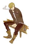  1boy blonde_hair boots cigarette full_body hair_over_one_eye jacket jolly_roger male male_focus one_piece sanji sitting smoking solo 