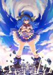  1girl absurdres black_hat black_shoes blue_hair blue_skirt blue_sky cloud cloudy_sky commentary_request crack cracked_floor crossed_arms full_body hat highres hinanawi_tenshi kaden_(muxt8423) looking_at_viewer miniskirt red_eyes shirt shoes skirt sky smile solo standing touhou white_shirt 