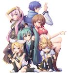  4girls arm_support arm_up blonde_hair blue_eyes blue_hair blue_scarf boots breasts brown_eyes brown_hair chin_rest choker cleavage detached_sleeves green_eyes green_hair hair_ornament hair_ribbon hairclip hatsune_miku headphones highres imo_bouya kagamine_len kagamine_rin kaito knee_boots long_hair medium_breasts megurine_luka meiko midriff multiple_boys multiple_girls necktie open_mouth pink_hair ribbon sailor_collar scarf shorts sitting thighhighs twintails very_long_hair vocaloid white_background 