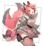 1girl animal_ears apron belt black_boots black_sash black_tail black_thighhighs boots breasts cardigan colored_skin cowboy_shot ear_tufts fangs flower fox_ears fox_girl fox_shadow_puppet fox_tail frilled_skirt frills green_cardigan green_outline hair_bun hair_flower hair_ornament happy highres impossible_clothes kitsune knee_up layered_skirt looking_at_viewer lopsided_border medium_breasts multicolored_skin open_cardigan open_clothes open_mouth original outline outside_border pink_apron pink_cardigan pink_flower pink_hair pink_skirt pink_tail plaid_clothes plaid_sash sash second-party_source see-through_clothes see-through_thighhighs shirt side_part skirt slit_pupils solo sosakuinari standing standing_on_one_leg tail teeth thigh_belt thigh_strap thighhighs two-tone_skin white_background white_shirt white_skirt white_tail wide_sleeves 
