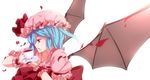  bad_id bad_pixiv_id bat_wings blood blood_on_face blue_hair cup dress hat kokoro6636 red_eyes remilia_scarlet short_hair solo teacup touhou wings wristband 